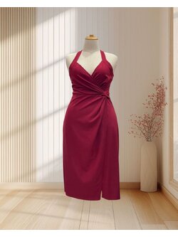 เดรสสั้นแดง สายเดี่ยวคล้องคอผูกโบว์ด้านหลัง ขยุ้มเอว ไซส์ 2XL