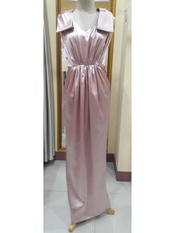 ชุดราตรียาวสีชมพูพับบ่าเอวจั้ม (S)