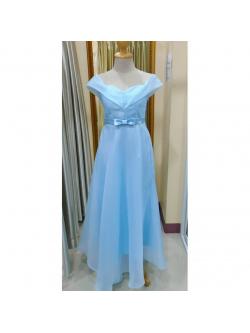 ราตรียาวสีฟ้า ผ้าแก้วนิ่ม ปาดไหล่เอวโบว์(ฟรีไซส์)