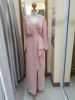 ชุดราตรียาวปาดไหล่เอวจีบสีชมพู(L)