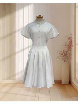 เดรสสั้นสีขาว กระโปรงจีบ มีแขนแต่งกระดุม ไซส์ XL