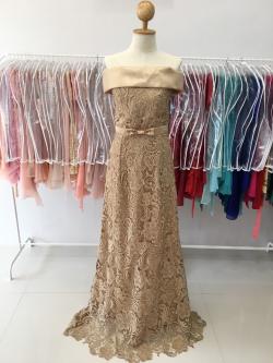 ราตรียาวน้ำตาลทองผ้าลูกไม้ปาดไหล่(สานหลัง ฟรีไซส์)