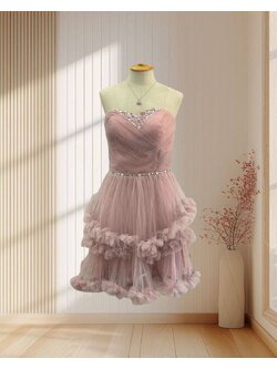 ราตรีสั้นสีชมพูตุ่น เกาะอก ผ้ามุ้งเจ้าหญิง แต่งเพชรที่อก ไซส์ S