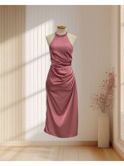 ราตรียาวสีชมพู คอปีน โชว์หลังสายเดี่ยว แต่งจีบสะโพก ไซส์ XL