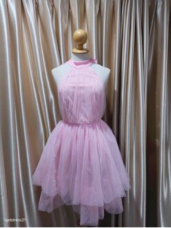 ราตรีสั้นสีชมพู ผูกคอ กระโปรงผ้ามุ้ง ฟีลเซ็กซี่ขี้เล่น ไซส์ S