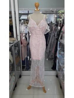 ราตรียาวสีชมพูออนลูกไม้กระโปรงซีทรู (L)