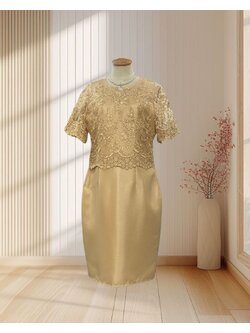 (PRE-LOVED) ชุดเดรสคุณแม่ เสื้อลูกไม้สีทอง ไซส์ L