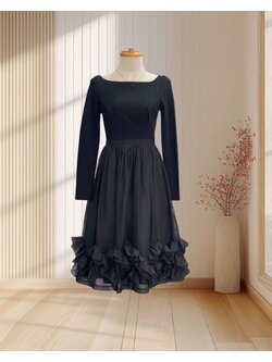 เดรสสั้นสีดำ มีแขน กระโปรงผ้ามุ้ง ไซส์ S