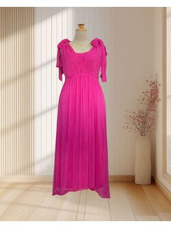 ราตรียาวสีชมพูบานเย็น ผ้าชีฟอง เกาะอก แต่งผ้าสไบผูกไหล่ ไซส์ 2XL