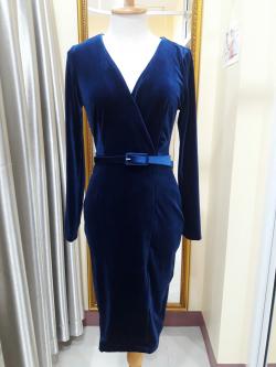 ชุดราตรีสั้นสีน้ำเงินเเขนยาวผ้ากำมะหยี่+เข็มขัด (S)