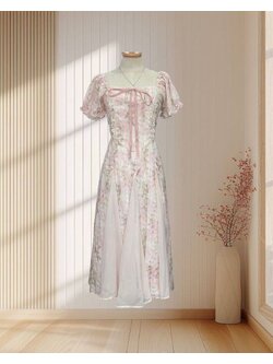 เดรสยาวสีชมพูลายดอกไม้แขนตุ๊กตา ผ้าแก้ว ไซส์ L