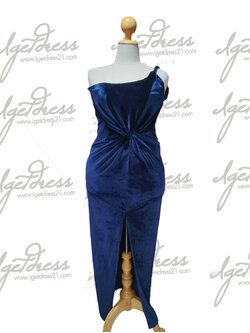 (PRE-LOVED) ราตรียาวกรมสายเดี่ยวข้างเดียวกำมะหยี่ขยุ้มเอว (2XL)