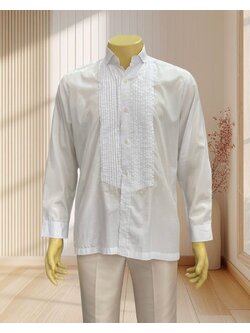 เสื้อเชิตคอปกเล็ก สีขาวมุก แต่งริ้วตรงหน้าอก ไซส์ 2XL