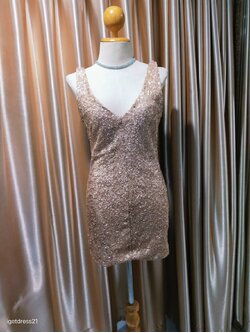 ชุดเดรสสั้นสีนู๊ดงานปักทั้งตัวคอวี(ไม่มีแขน)S