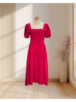 (PRE-LOVED) เดรสสั้นสีแดงสด แขนตุ๊กตา ผ้าทิ้งตัว ไซส์ M