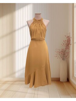 (PRE-LOVED) ชุดราตรีสั้นปิดคอแขนเว้าสีเหลือง L