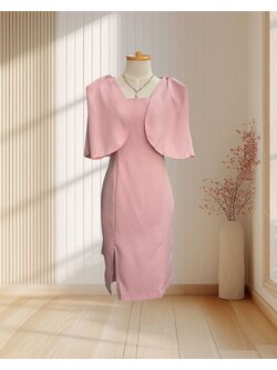 ราตรีสั้นสีชมพู แต่งปกระบาย 2 ชั้น กระโปรงทรงสอบ ไซส์ XL