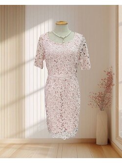 เดรสสั้นสีชมพูมีแขน ผ้าลูกไม้ มีซับใน ไซส์ S