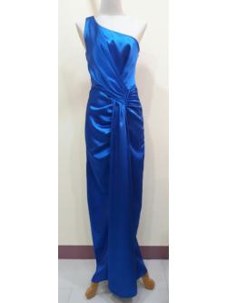 ชุดราตรียาวสีน้ำเงินไหล่เบี่ยงขยุ่มเอว (S)