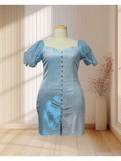 (PRE-LOVED) ราตรีสั้นสีฟ้าทูโทน ผ้ากลิตเตอร์ แขนพอง ไซส์ 2XL