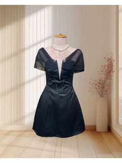 (NEW) ราตรีสั้นสีดำ เกาะอก ผ้าคลุมมุ้ง มีครอเซ็ท ไซส์ XS