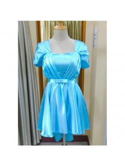 ราตรีสั้นมีแขนอกจีบเอวโบว์สีฟ้า(ฟรีไซส์)