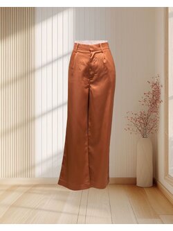 (PRE-LOVED) กางเกงขายาว ผ้าซาติน สีน้ำตาลชาไทย ไซส์ S