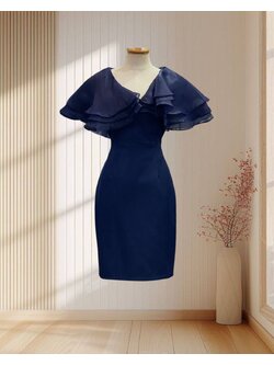 ราตรีสั้นสีกรม คอวี แต่งบ่าระบายผ้าแก้ว ไซส์ M