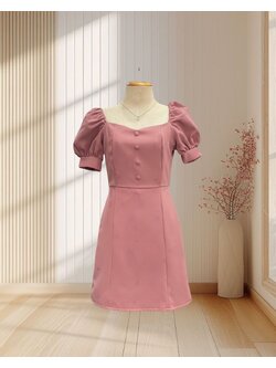 (PRE-LOVED) เดรสสั้นสีชมพู แขนตุ๊กตา แต่งกระดุมด้านหน้า ไซส์ S