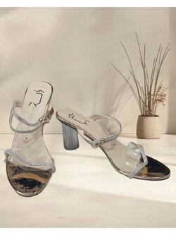 รองเท้าส้นแก้วสีทอง สายเพชร สูง 3 นิ้ว ไซส์ 42