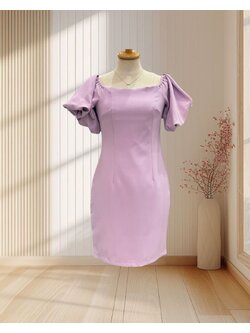 เดรสสั้นสีชมพูอมม่วง ปาดไหล่ แขนตุ๊กตา กระโปรงทรงสอบ ไซส์ M