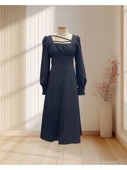 เดรส3ส่วนสีดำ แขนยาวปลายจั๊มพ์ แต่งกระดุมหน้า ไซส์ L