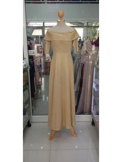 ยาวกลิตเตอร์ปาดไหล่มีแขนกระโปรงบานสีทอง (L) มือ2