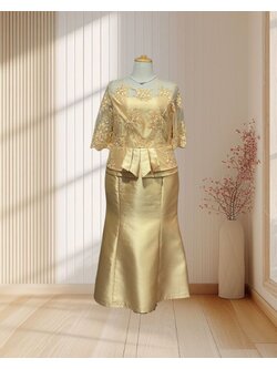 ชุดแม่เจ้าสาวเสิ้อลูกไม้กระโปรงยาว ทอง 3XL
