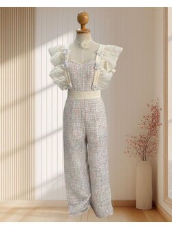 จั๊มสูทขายาว แขนระบาย ผ้าทวิต แต่งดอกไม้ น่ารัก ฟีลคุณหนูโอเบอลิน ไซส์ S