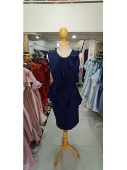 (PRE-LOVED) ราตรีสั้นสีกรมแขนกุดแต่งระบายจากไหล่ถีงเอว (S)