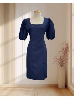 (PRE-LOVED) ราตรีสั้นสีน้ำเงิน แขนจั๊มพ์ ทรงเรียบ ไซส์ XL