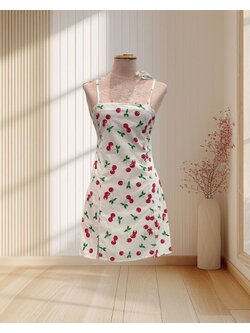 (PRE-LOVED) มินิเดรสสั้นสีขาว ลายเชอร์รี่ สายเดี่ยวผูกโบว์ ไซส์ S