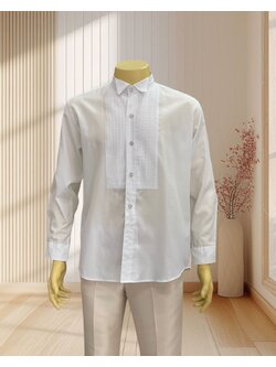 เสื้อเชิตคอปกเล็ก สีขาวมุก แต่งริ้วตรงหน้าอก ไซส์ L