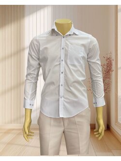 เสื้อเชิตคอปก สีขาว กระดุมเทา ผ้าลายทาง งานป้าย LESS MUSE ไซส์ S