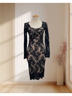 เดรสสั้นสีดำ ผ้าลูกไม้ แขนยาว ไซส์ S