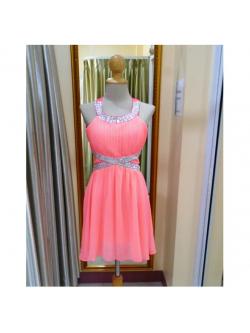 ราตรีสั้นเพชรคอ,เอวหลังผูกโบว์สีส้มสะท้อนแสง (อก34 เอว34 สะโพก ฟรีไซส์ )