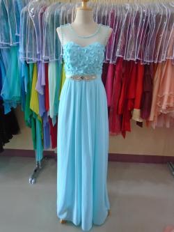ราตรียาวสีฟ้าอกปักดอกไม้เอวคาดเพชร(ฟรีไซส์)