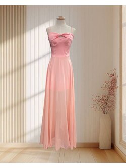 (PRE-LOVED) เดรสยาวสีโอรส สายเดี่ยวปรับได้ แต่งโบว์ด้านหน้า เซ็กซี่เล็กๆ ไซส์ S