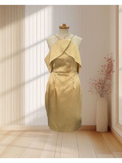 (PRE-LOVED) ราตรีสั้นสีทอง สายเดี่ยวเปิดไหล่ ผ้าเงา ไซส์ S