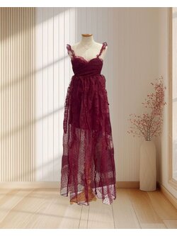 เดรสยาวสีแดง ผ้ามุ้ง ทรงแมงกะพรุนเวียดนาม ไซส์ XS