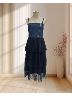 เดรสยาวสียีนส์ กระโปรงผ้ามุ้ง แต่งซิปฟีลร็อคเกอร์สาว ไซส์ M