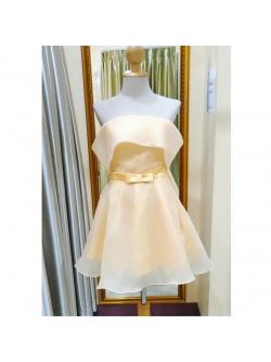 ราตรีสั้นสีส้มเหลือง ผ้าแก้วนิ่มปาดไหล่(ฟรีไซส์)