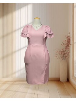 เดรสสั้นออกงานแขสั้นบาร์บี้อกเรียบแขนจีบสีชมพู 3XL