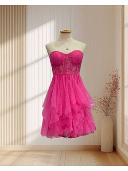 เดรสสั้นสีชมพูบาร์บี้ เกาะอกลูกไม้ กระโปรงผ้ามุ้งฟูๆ แบบตัวแม่ ไซส์ S